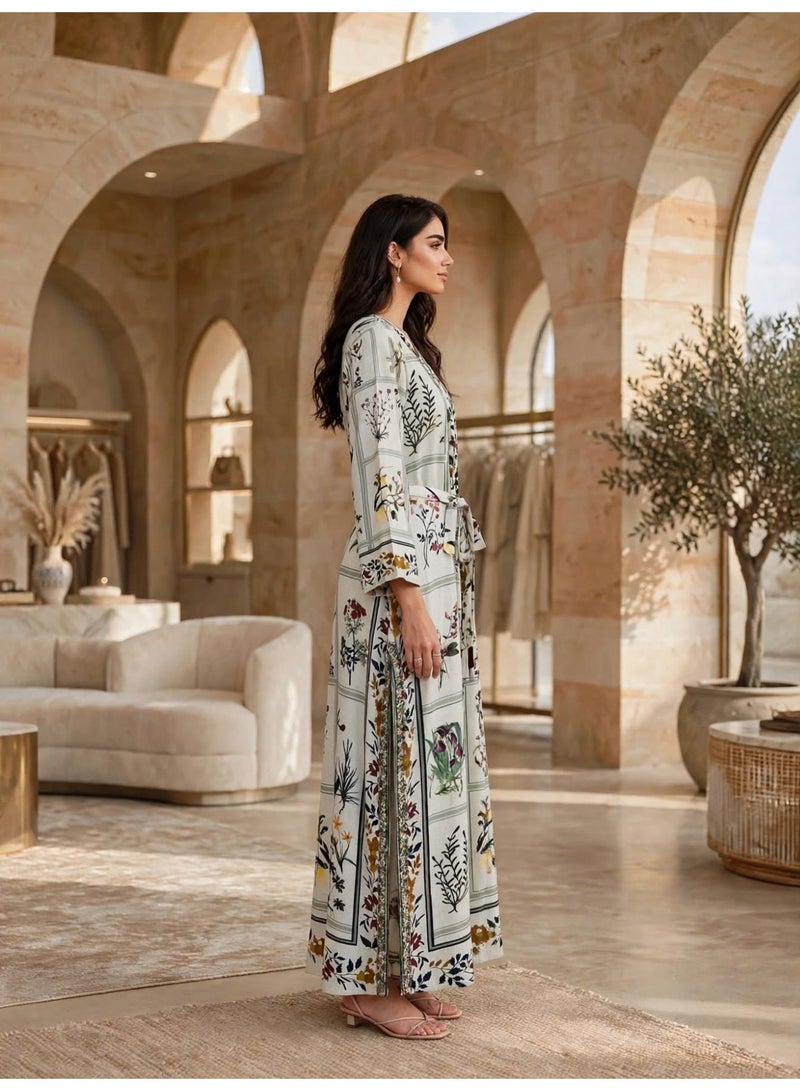IKKXA Elegant Floral Printed Jalabiya with Tassel Belt - Image 4
