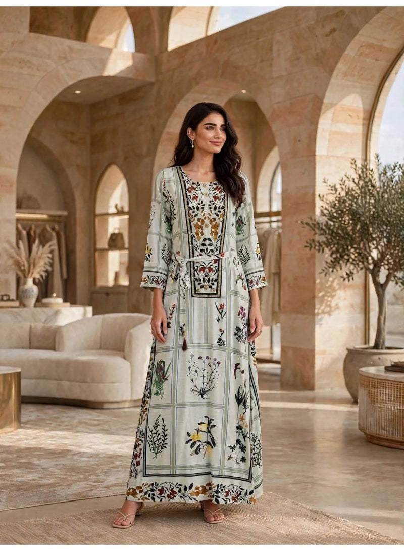 IKKXA Elegant Floral Printed Jalabiya with Tassel Belt - Image 1