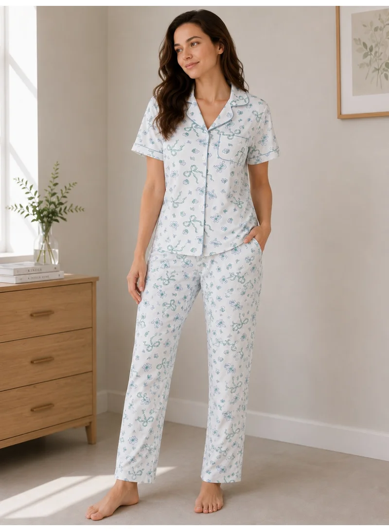victor and jane Women's Printed Pyjama Set with Contrast Piping
