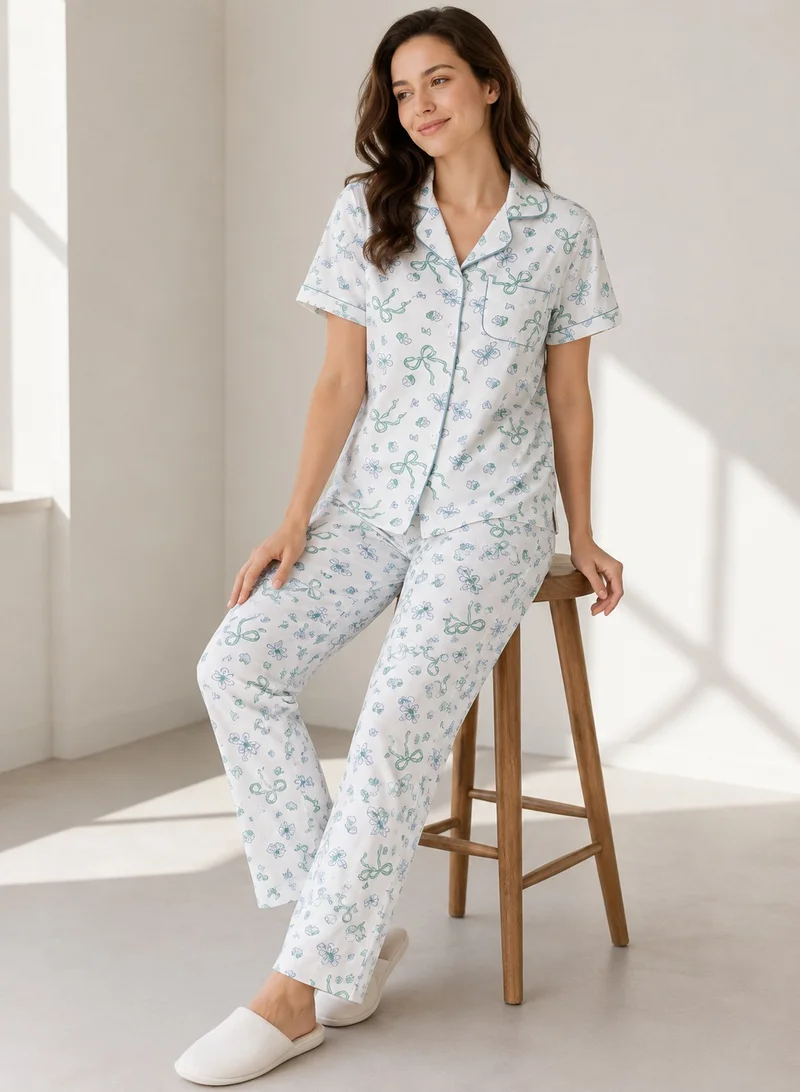 victor and jane Women's Printed Pyjama Set with Contrast Piping