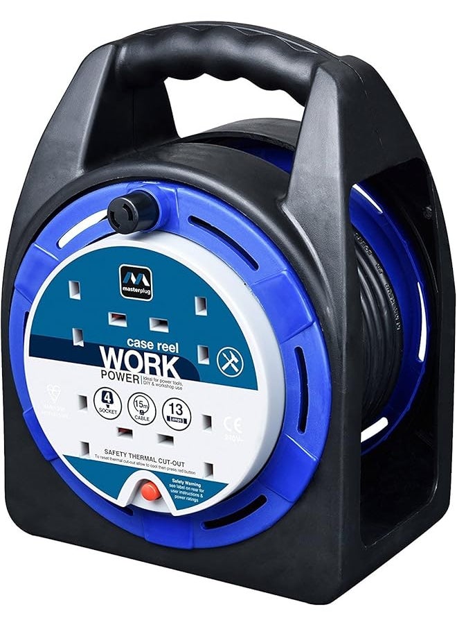 MASTERPLUG - Masterplug HST1513/4BL Four Socket Open Cable Reel Extension Lead with Handle, 15 Metres, Black/Blue - Image 1