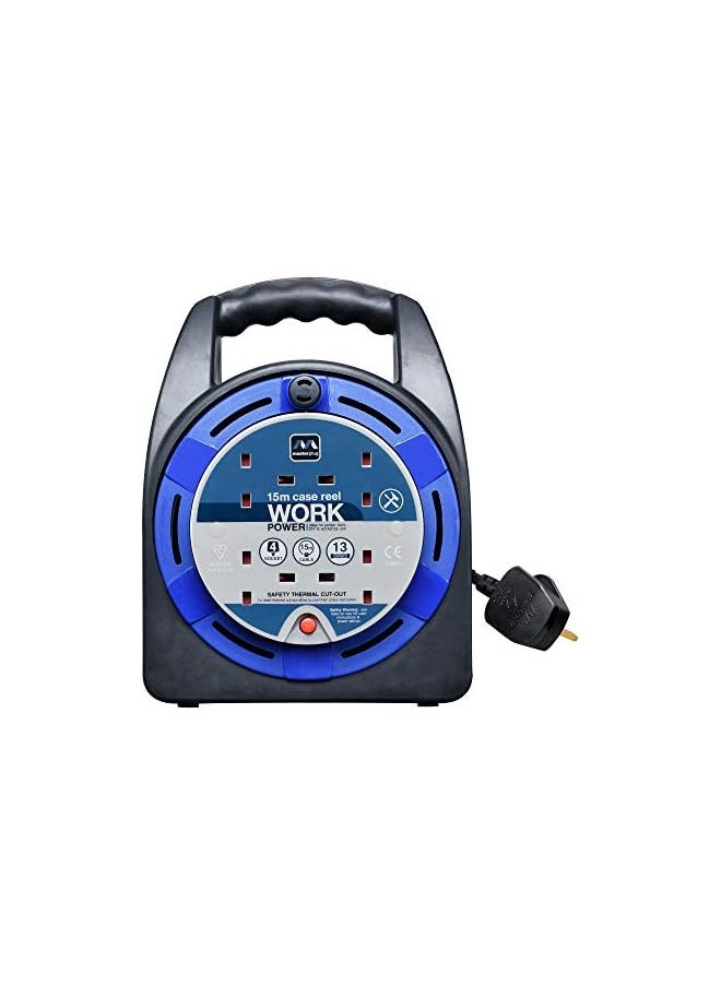 MASTERPLUG - Masterplug HST1513/4BL Four Socket Open Cable Reel Extension Lead with Handle, 15 Metres, Black/Blue - Image 1