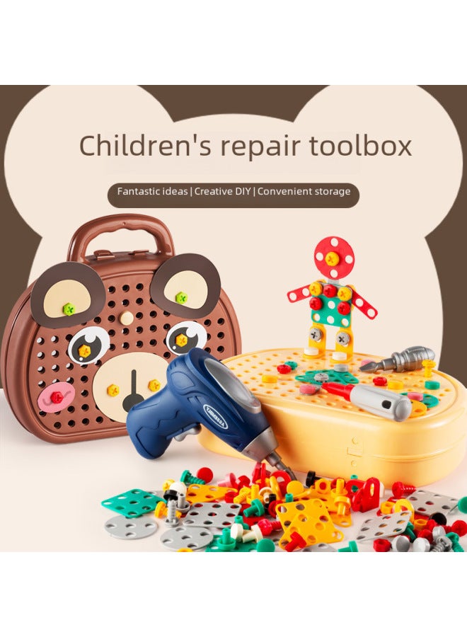 صندوق أدوات إصلاح مفك براغي يدوي الصنع للأطفال، أدوات تفكيك وصيانة للأطفال، أدوات لعب تعليمية إبداعية - اللون: دب 【203 + مثقاب كهربائي + بطارية】 صندوق أدوات محمول - Image 5