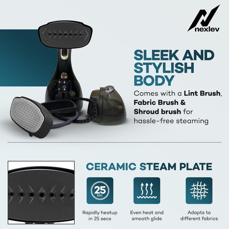 nexlev بخار الملابس المحمول من نكلف - مزيل التجاعيد - استخدام أفقي ورأسي - 1500 واط - 25 جرام/دقيقة - بخار سريع - تسخين سريع - فوهة بخار سيراميكية - خزان ماء سعة 300 مل - فرش حرارية لإزالة الوبر GS02 - Image 4