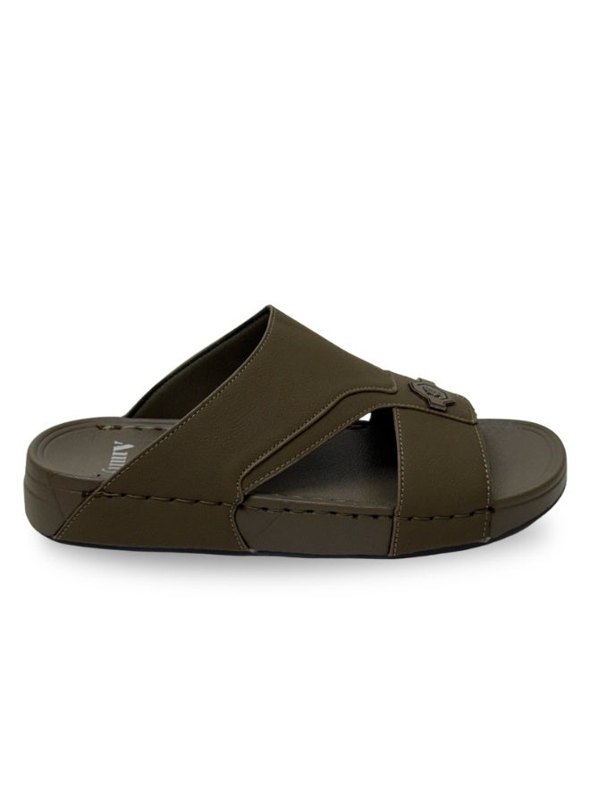 Amity Men's Khaki Slide Sandals, Faux Leather Casual Slip‑on Slippers - Image 1