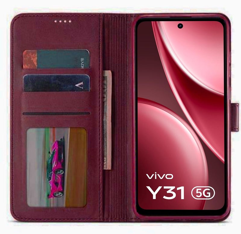 SHINESTAR Vivo Y31 5G Flip Back Cover | PU Leather Flip Cover Wallet Case with TPU Silicone Case Back Cover for Vivo Y31 5G - Blood Red - Image 3
