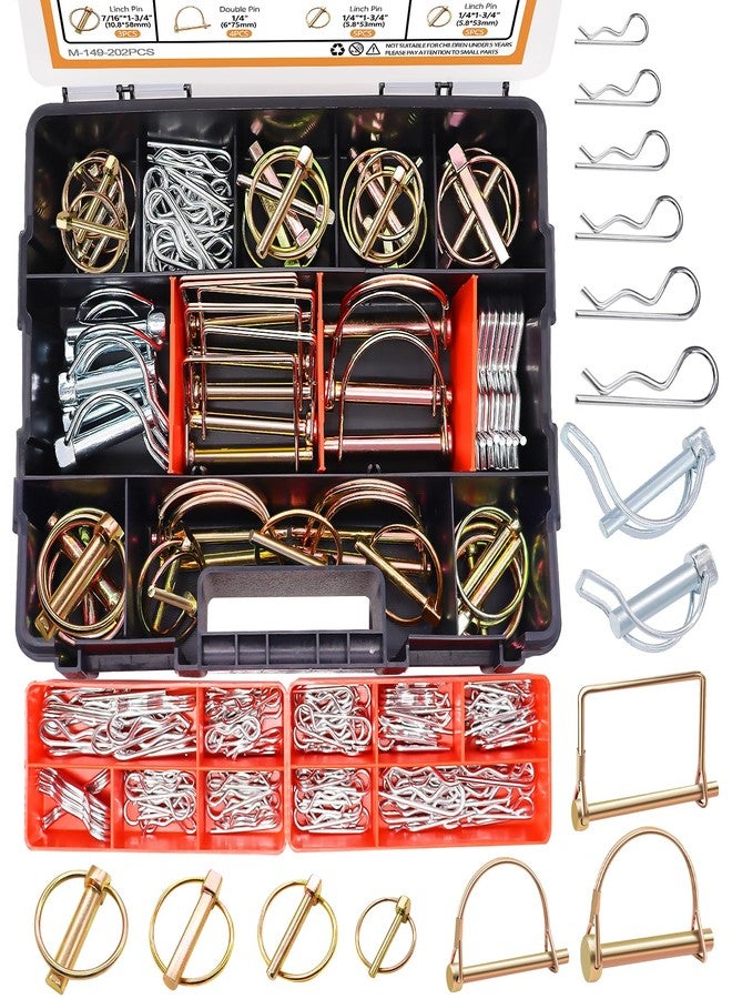 mankk 202PCS Heavy Duty Hitch Pins Clip Pins Assortment Kit Tractor Pins Linch Pins PTO Pins R Clip Pins Hair Pins,for Farm Tractors Trailers Trucks Attachments Lawn Mowers M-149-202PCS - Image 1