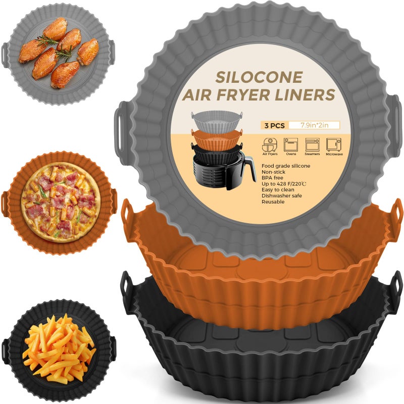 Buauty 3 Pack Air Fryer Silicone Liners 8inch Air Fryer Pot Reusable Food Grade Silicone Airfryer Liners Baking Basket Accessories Replacement of Flammable Disposable Parchment Paper