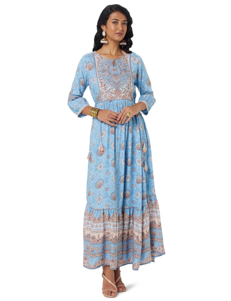 BIBA Women Fit and Flare Viscose Tiered Dress Ankle Length Ribayatcollection2344Ss24Skblu_Blue - Image 1