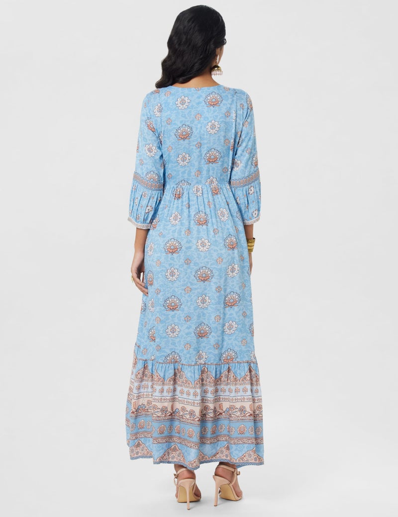BIBA Women Fit and Flare Viscose Tiered Dress Ankle Length Ribayatcollection2344Ss24Skblu_Blue - Image 3