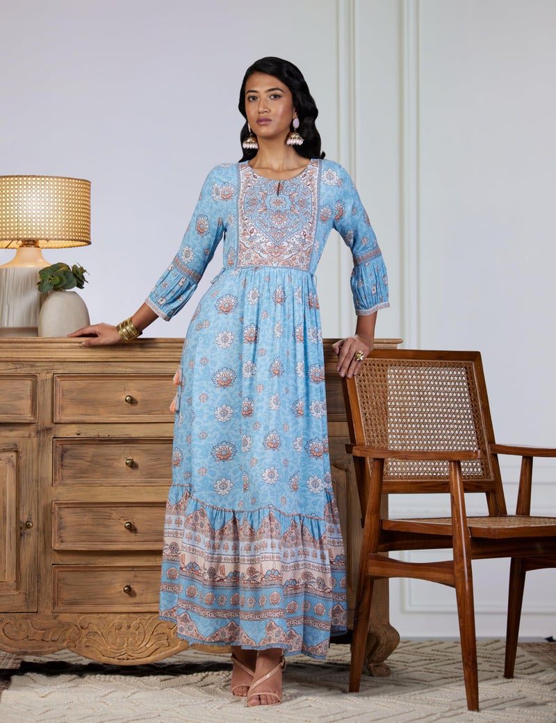 BIBA Women Fit and Flare Viscose Tiered Dress Ankle Length Ribayatcollection2344Ss24Skblu_Blue - Image 2
