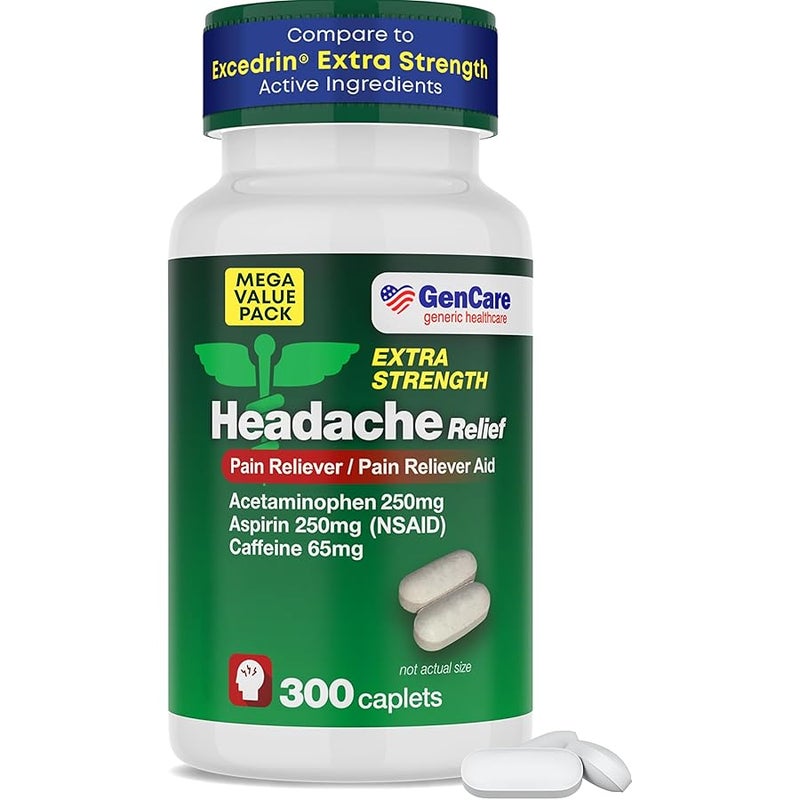 جين كير GenCare - Headache Relief Acetaminophen with Aspirin (NSAID) & Caffeine (300 Caplets) Value Pack | Head Pain, Muscle Aches, Back Pain & Body | Generic ExcedrEn Extra Strength - Image 1