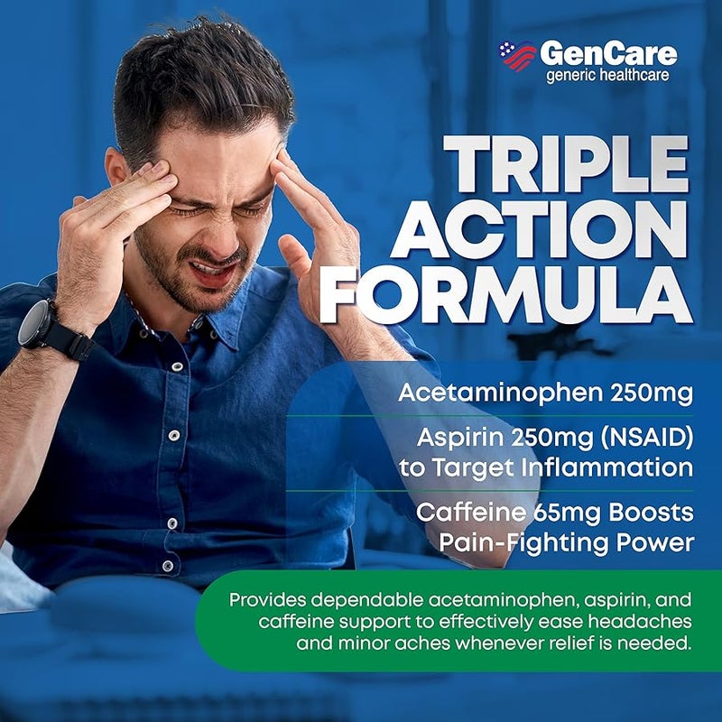 جين كير GenCare - Headache Relief Acetaminophen with Aspirin (NSAID) & Caffeine (300 Caplets) Value Pack | Head Pain, Muscle Aches, Back Pain & Body | Generic ExcedrEn Extra Strength - Image 3