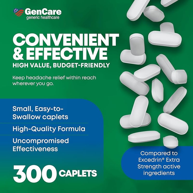 جين كير GenCare - Headache Relief Acetaminophen with Aspirin (NSAID) & Caffeine (300 Caplets) Value Pack | Head Pain, Muscle Aches, Back Pain & Body | Generic ExcedrEn Extra Strength - Image 4