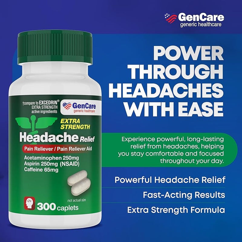 جين كير GenCare - Headache Relief Acetaminophen with Aspirin (NSAID) & Caffeine (300 Caplets) Value Pack | Head Pain, Muscle Aches, Back Pain & Body | Generic ExcedrEn Extra Strength - Image 2
