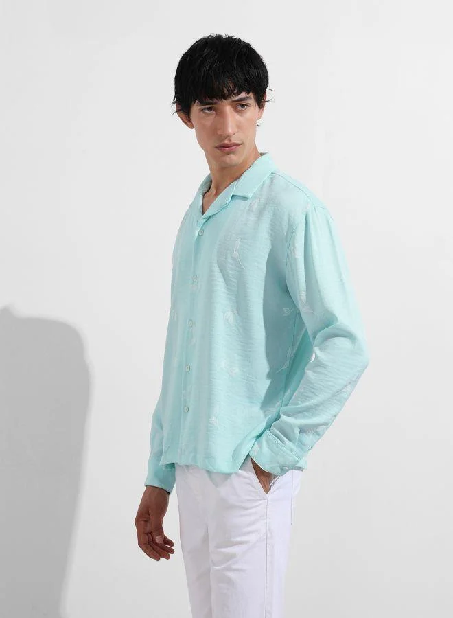 The Indian Garage Co Men Relaxed Fit Embroided Cuban Collar Full Sleeves Shirt