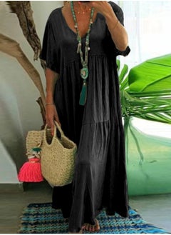 Loquat Womens Summer Loose Casual Short Sleeve Dresses Solid Color V-Neck Ruffled Maxi Dress Black 