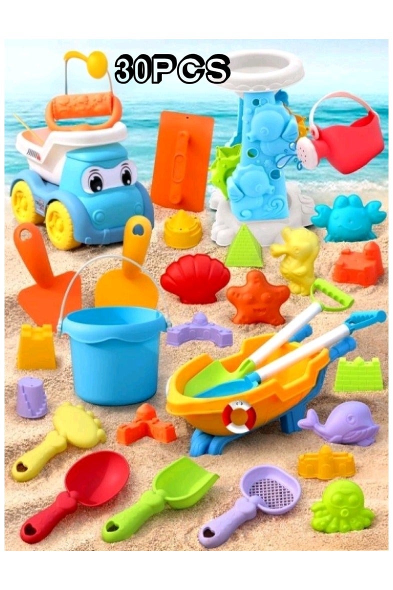 JAYATO 30-piece colorful children's beach toy set for sand digging, water play, outdoor fishing, gardening, and space-themed gardening with kudzu root toys and sand.