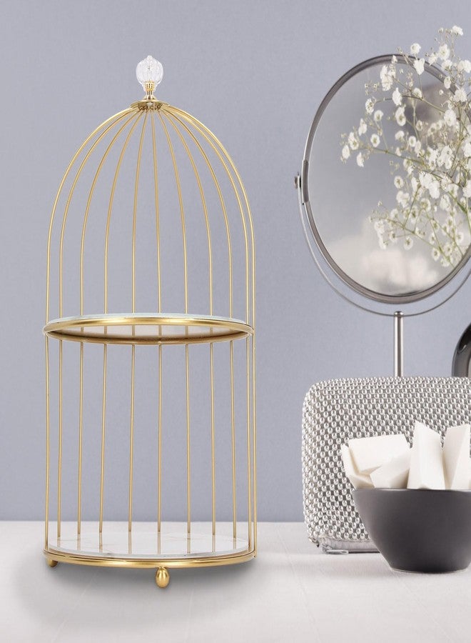 SASKATE Double Layer Storage Shelf Makeup Organizer Shelf, Bird Cage Shape Organizer Display Rack, for Bathroom Countertop Dressing Table Gold Frame (White Base Gold Pattern) - Image 5