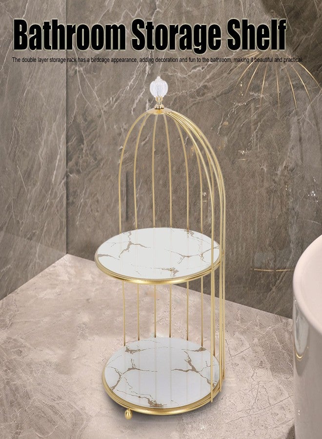 SASKATE Double Layer Storage Shelf Makeup Organizer Shelf, Bird Cage Shape Organizer Display Rack, for Bathroom Countertop Dressing Table Gold Frame (White Base Gold Pattern) - Image 4