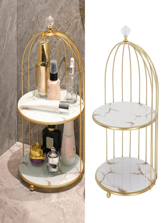 SASKATE Double Layer Storage Shelf Makeup Organizer Shelf, Bird Cage Shape Organizer Display Rack, for Bathroom Countertop Dressing Table Gold Frame (White Base Gold Pattern) - Image 2