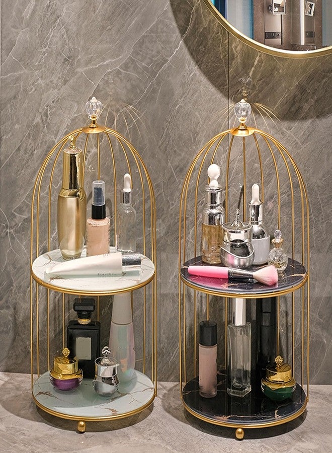 SASKATE Double Layer Storage Shelf Makeup Organizer Shelf, Bird Cage Shape Organizer Display Rack, for Bathroom Countertop Dressing Table Gold Frame (White Base Gold Pattern) - Image 3
