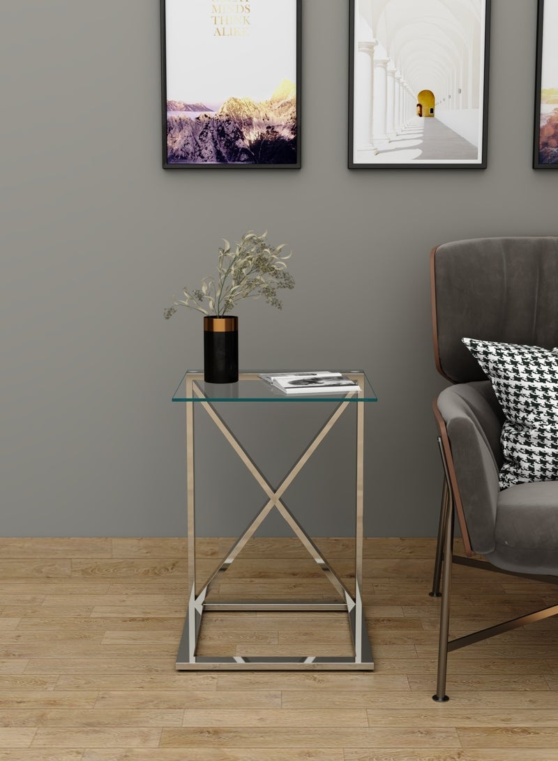 RIGID Stainless Steel C Shape End Table with Glass Top  56x40x40cm (Fully Assembled) - Image 4