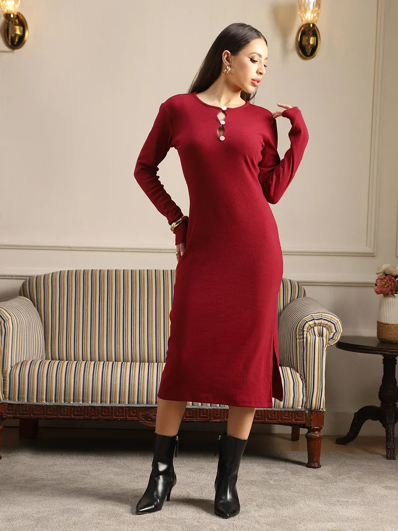 Globus Women Maroon Keyhole Neck Long Sleeves Side Slit Ribbed Midi Bodycon Dress