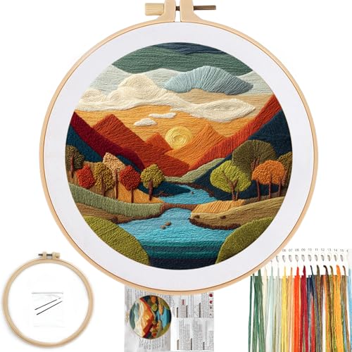 FONNUY Embroidery Kit for Beginners Brightly Colored Landscape Lake PreStamped Pattern Kits for Adults with Hoop Easy to Follow Color Thread Needlework 8 Hoop SkyBlue - Image 1