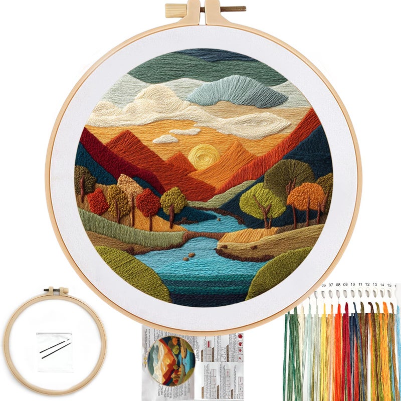 FONNUY Embroidery Kit for Beginners Brightly Colored Landscape Lake PreStamped Pattern Kits for Adults with Hoop Easy to Follow Color Thread Needlework 8 Hoop SkyBlue - Image 3