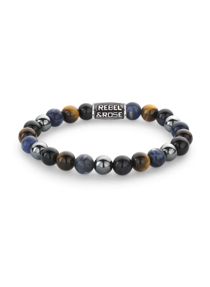 Rebel & Rose Men's Blue Rain Vintage Beaded Bracelet, 8 mm Sodalite & Tiger Eye Stones