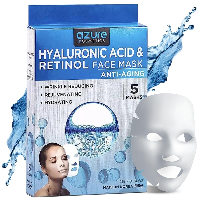 Azure Cosmetics Hyaluronic Acid  Retinol Face Mask  Dermatologist Tested  Rejuvenating  Hydrating Sheet Mask  Reduce Fine Lines  Wrinkles Smooths  Repairs  Korean Skin Care  Pack of 5