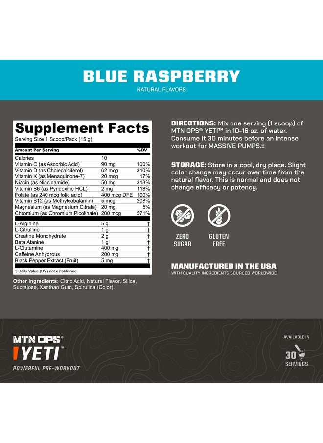 MTN OPS - MTN OPS Yeti Trail Packs Pre-Workout Powder Energy Drink with Creatine, 200mg Caffeine & BCAAs with Beta Alanine, 20-Single Servings, Blue Raspberry - Image 1