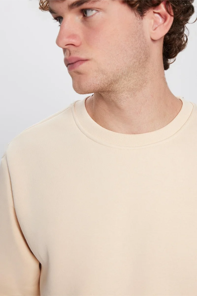 تودورس Relax Fit Comfortable Cut Cotton Soft Texture Polar Fleece Inside Beige Color Crew Neck Sweatshirt