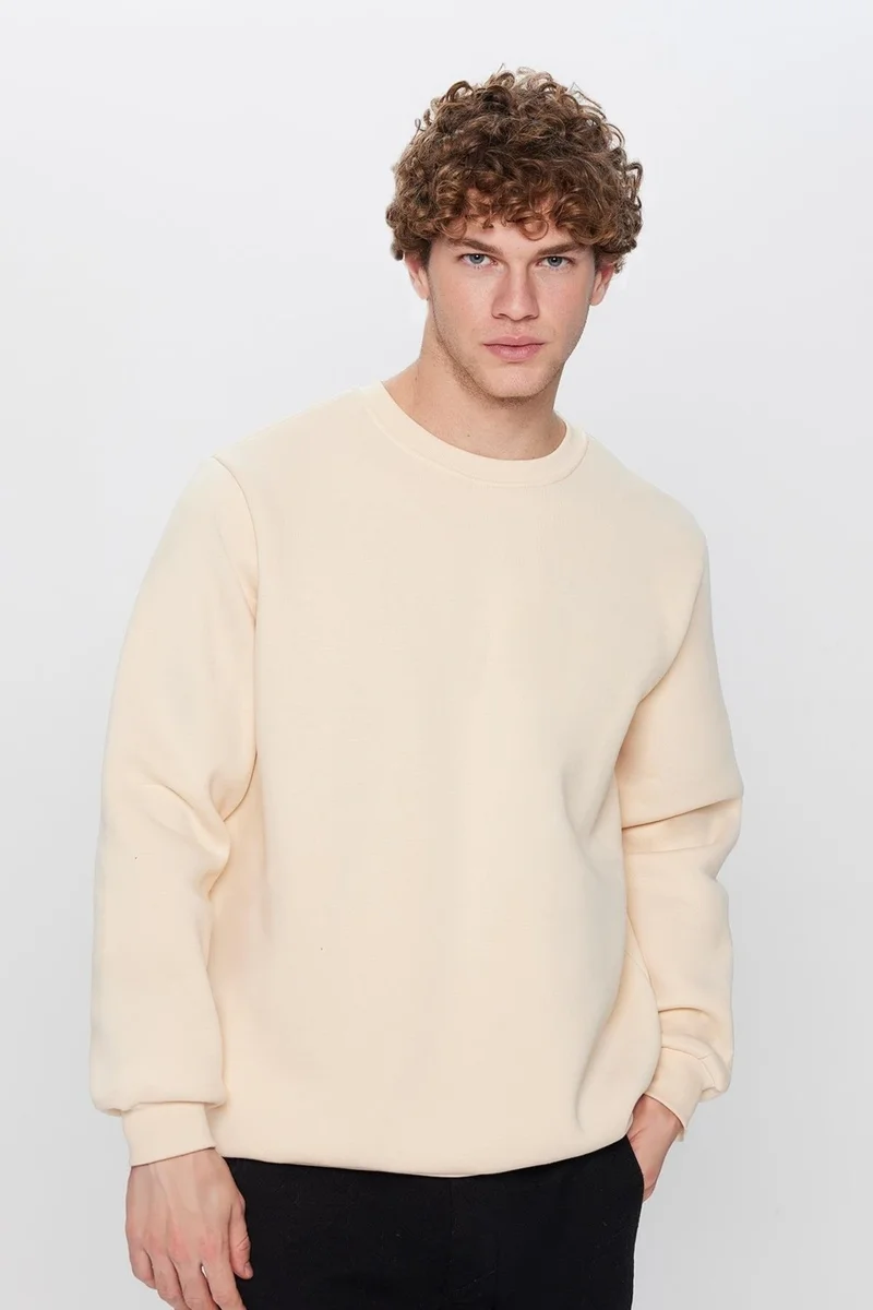 تودورس Relax Fit Comfortable Cut Cotton Soft Texture Polar Fleece Inside Beige Color Crew Neck Sweatshirt