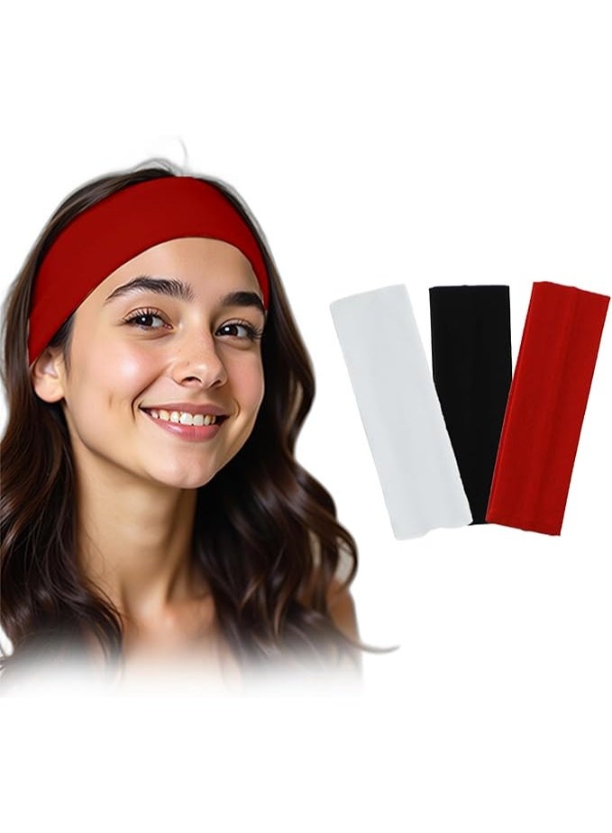 بندانات شعر طقم 3 قطع – أبيض، أسود وأحمر شيلي، قماش ناعم ومرن، مثالية لليوجا والجري والرياضة - Image 1