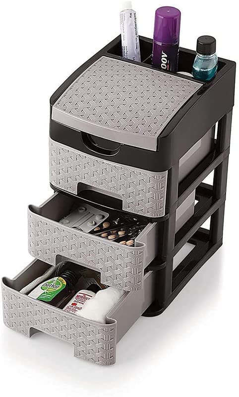AUREUS Mini Drawer Storage System Organizer for Home Office Parlor School Kitchen Clothes 3 Layer Plastic MultiPurpose Chest of Modular Containers Trolley Foldable Drawers Grey - Image 1