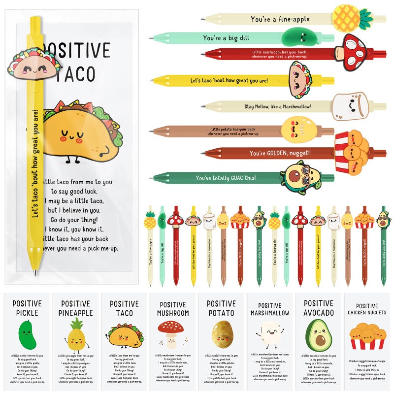 Landical 32 Set Positive Pens Gift Bulk Cute Funny Pen with Inspirational Card Employee Appreciation Day Gift for Office Employee Coworker Staff Teacher Student Classroom (Snacks) - Image 1