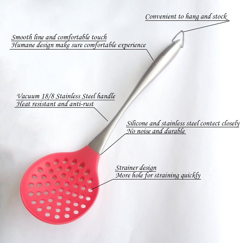 Baskety Premium Silicone Kitchen Utensil Silicone Slotted Skimmer Strainer Spoon with 180 Stainless Steel Stay Cool Handle Red - Image 4