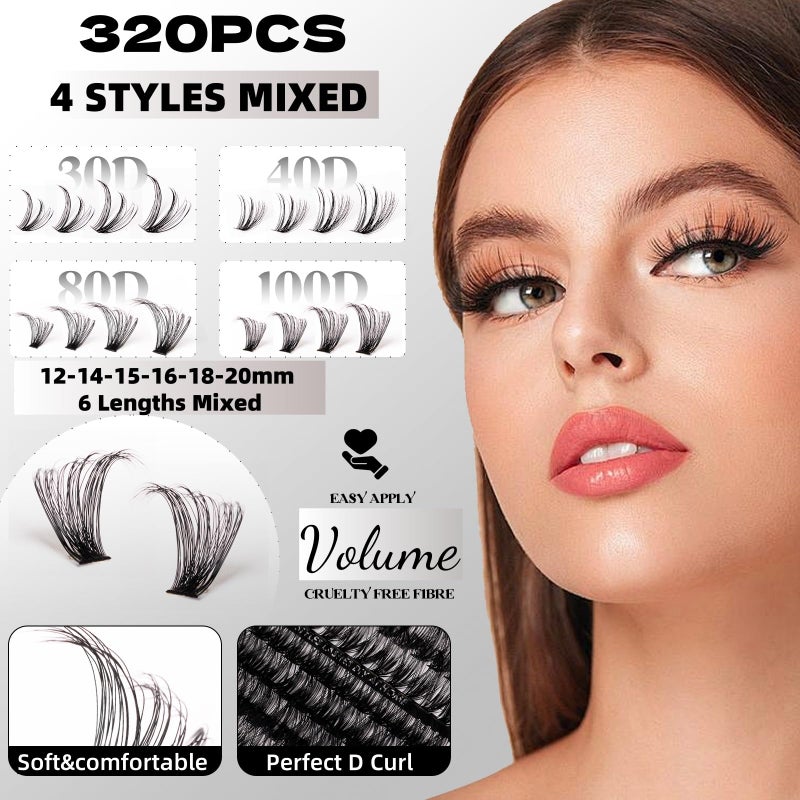 Magnetic SL Lash Clusters 320pcs Lash Extension Kit 30D 40D 80D 100D Individual Lashes Kit 12-20mm Eyelash Extension Kit with Lash Bond+Seal,Lash Remover and Lash Tweezers for Easy Use(30/40/80/100D-0.07D Kit) - Image 2