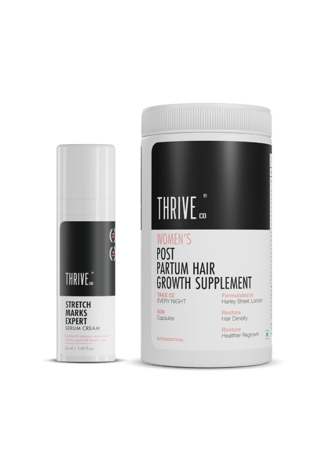 ThriveCo Post Pregnancy Care Combo – Stretch Marks Expert Serum Cream 30 ml & Women’s Post Partum Hair Growth Supplement (60 Capsules) - Image 1