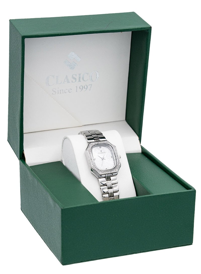 Clasico Eleganza Women Premium Analog Watch 30mm – Silver – Crystal Studded Bezel  - Image 4
