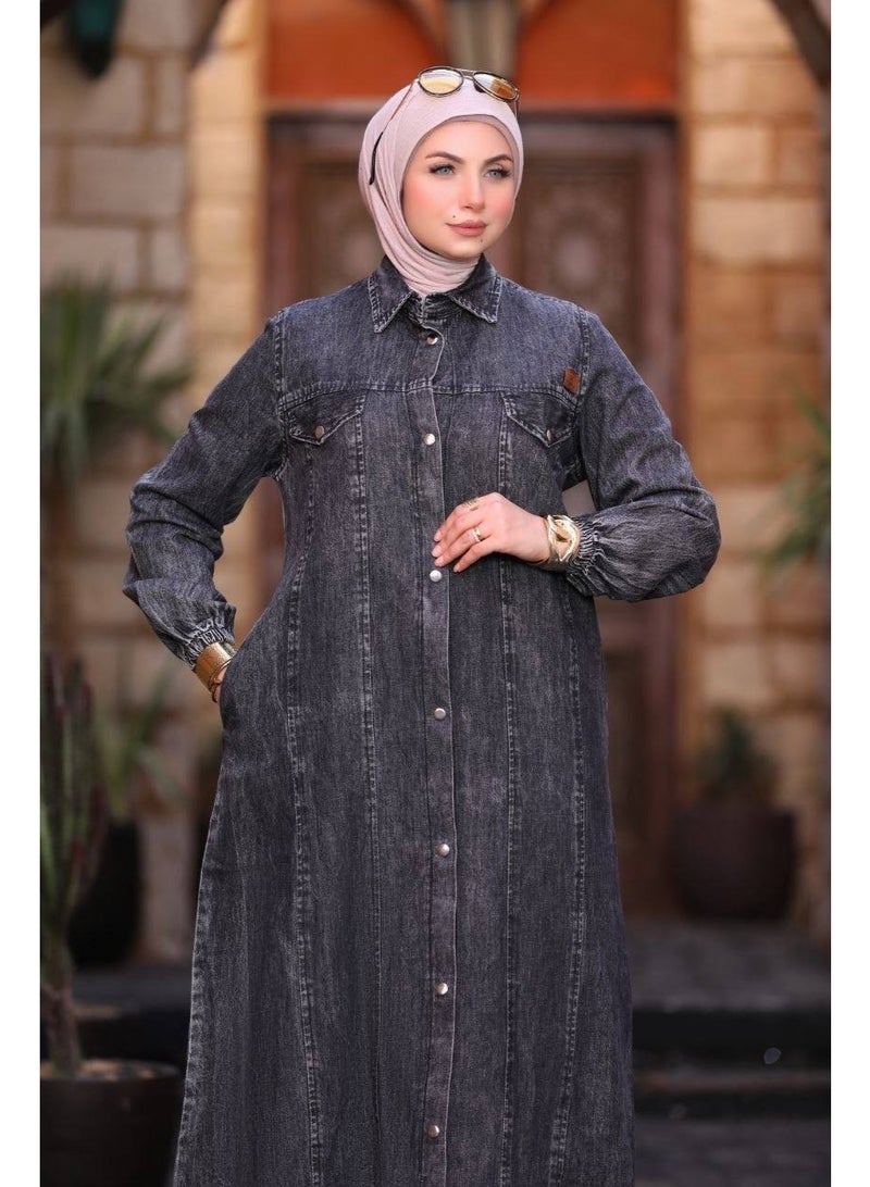 عباية حريمي جينز ليكرا مستوردة – خامة فاخرة مرنة ومريحة بتصميم عصري وأنيق للمحجبات - Image 3