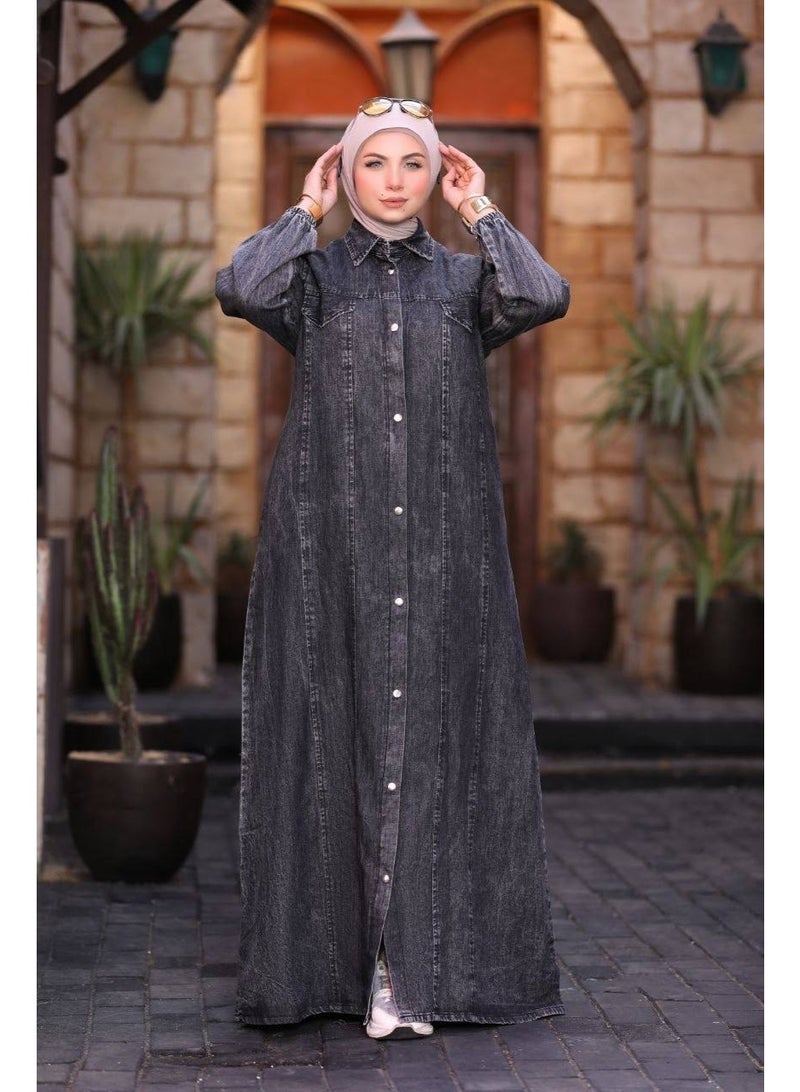 عباية حريمي جينز ليكرا مستوردة – خامة فاخرة مرنة ومريحة بتصميم عصري وأنيق للمحجبات - Image 2