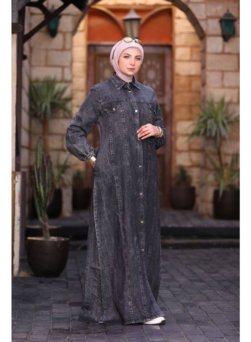 عباية حريمي جينز ليكرا مستوردة – خامة فاخرة مرنة ومريحة بتصميم عصري وأنيق للمحجبات - Image 4