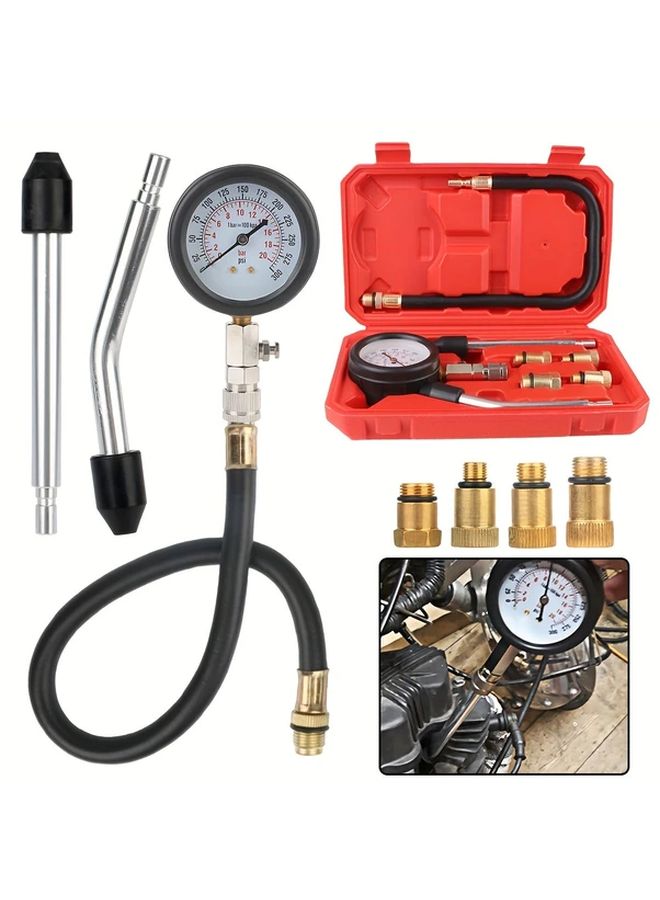 Automotive Cylinder Tester Kit Gasoline Engine Compression Meter With M10 M12 M14 M18 Adapter Pressure Gauge Auto Tools Red - Image 1