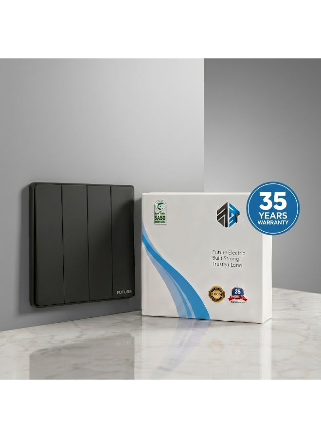 Future 4 Gang 2 Way Switch | 10A Wall Light Switch | Premium Black Finish | Four Gang Two Way Electrical Switch | Modern Home & Office Wall Switch | 250V | 35 Years Warranty - Image 2