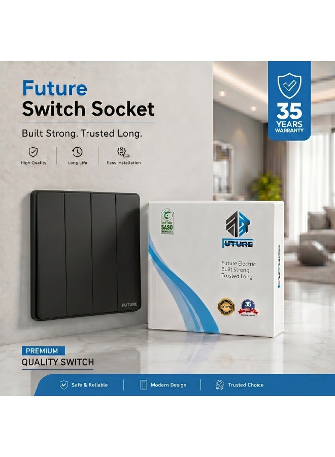 Future 4 Gang 2 Way Switch | 10A Wall Light Switch | Premium Black Finish | Four Gang Two Way Electrical Switch | Modern Home & Office Wall Switch | 250V | 35 Years Warranty - Image 4