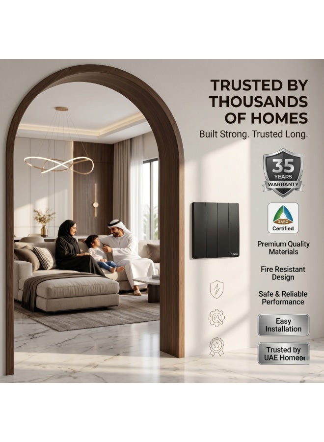 Future 4 Gang 2 Way Switch | 10A Wall Light Switch | Premium Black Finish | Four Gang Two Way Electrical Switch | Modern Home & Office Wall Switch | 250V | 35 Years Warranty - Image 5