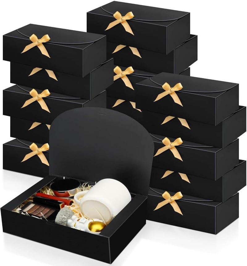 SWANGSA 16Pcs Gift Boxes with Lids 106x78x31 Black Kraft Paper Gift Box Bridesmaid Proposal Box with Ribbon and 70pcs Adhesive Dots for Wedding Packaging Present Birthday Cupcake Boxes